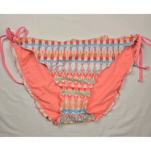 Multicolor Smocked Ruffle Bikini Bottoms Pink Coral Tie Sides Swimwear